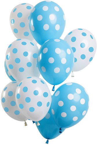 Ballonnen Lichtblauw en Wit met Stippen 12st. (30cm)
