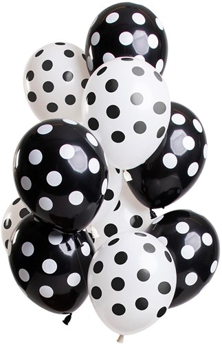 Ballonnen Zwart en Wit met Stippen 12st. (30cm)