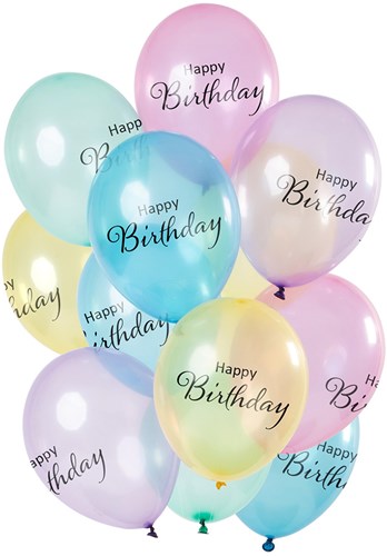 Ballonnen Pastel Transparant Happy Birthday 12st