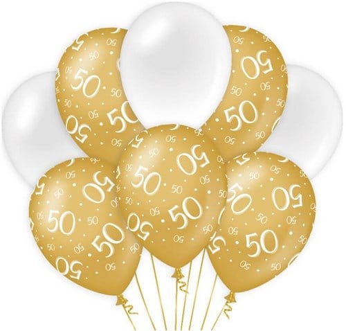 Ballonnen 50 Jaar Luxe Goud/Wit (8st)