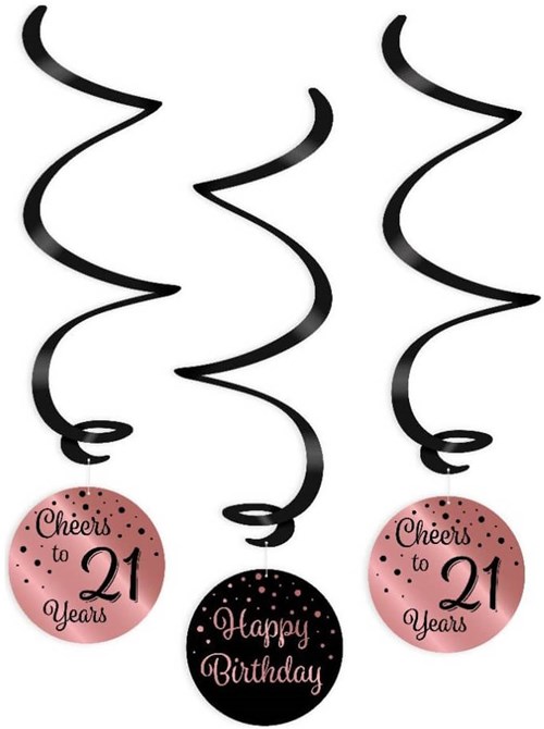 Swirl Decoratie 21 Jaar Luxe Rosé/Zwart (3st)
