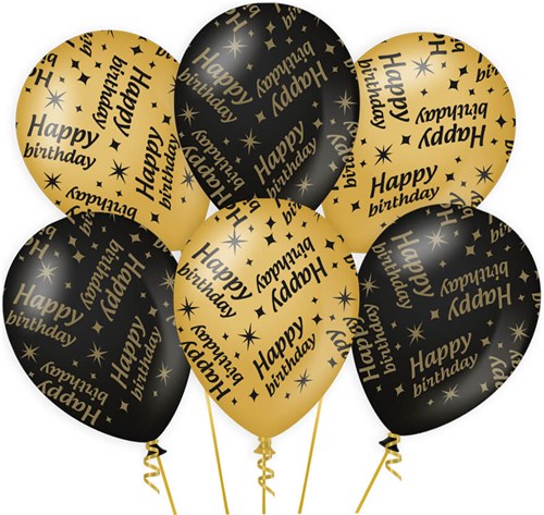 Ballonnen Happy Birthday Classy Goud/Zwart (6st)