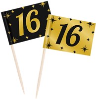 Classy Party Cocktail Prikkers Goud/Zwart 16 Jaar (50st)