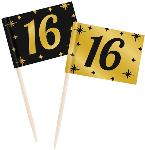 Classy Party Cocktail Prikkers Goud/Zwart 16 Jaar (50st)