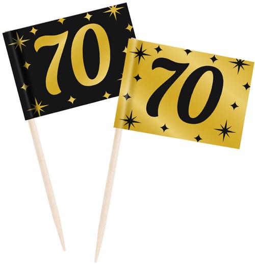 Classy Party Cocktail Prikkers Goud/Zwart 70 Jaar (50st)
