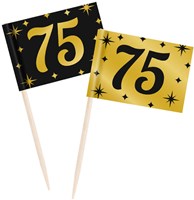 Classy Party Cocktail Prikkers Goud/Zwart 75 Jaar (50st)