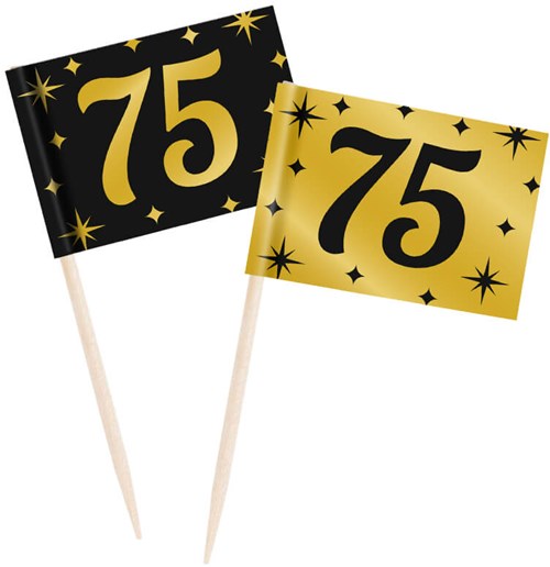 Classy Party Cocktail Prikkers Goud/Zwart 75 Jaar (50st)