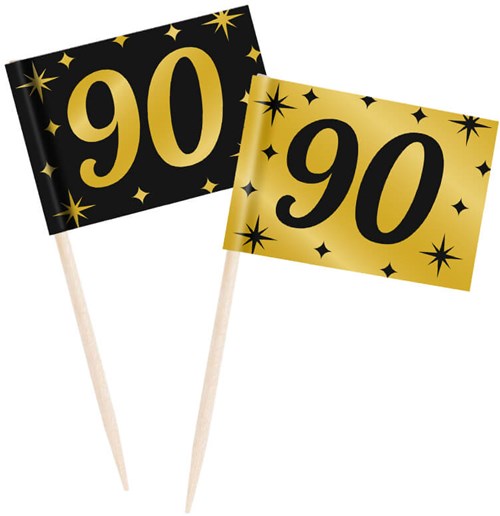 Classy Party Cocktail Prikkers Goud/Zwart 90 Jaar (50st)