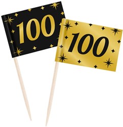Classy Party Cocktail Prikkers Goud/Zwart 100 Jaar (50st)