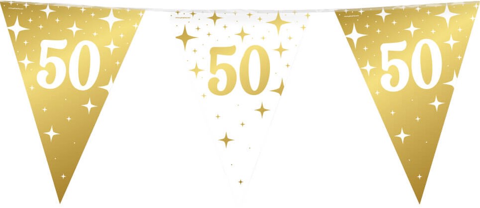 Q2P Abraham Slinger 50 Jaar - Wit & Goud - 10 Meter Vlaggenlijn - Feestdecoratie Voor Binnen En Buiten