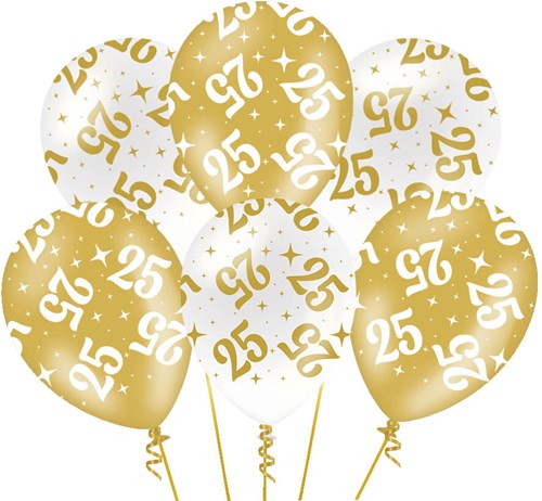 Ballonnen Fancy Party 25 Jaar Goud/Wit - 6st
