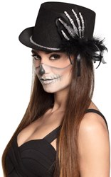 Hoge Hoed Halloween met Skelet Hand en Veren