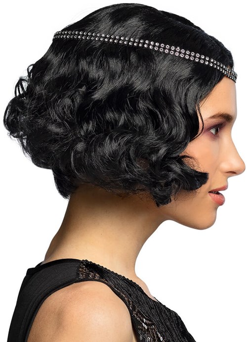 Pruik Charleston Flapper Zwart met Hoofdbandje (zijkant)