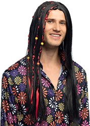 Pruik Hippie Zwart met Vlecht en Kralen