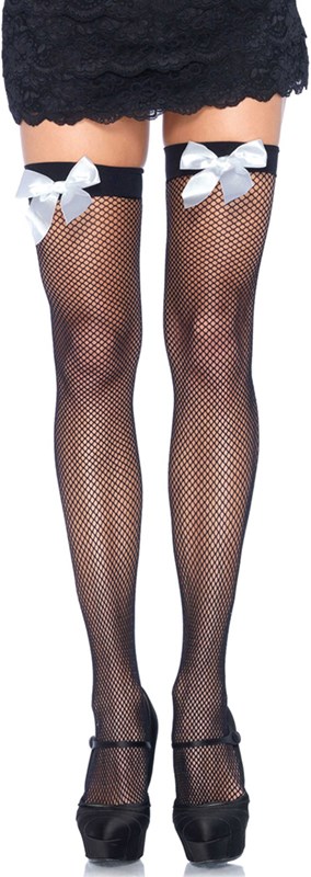 Sexy Overknee Netkousen Zwart met Witte Strikken