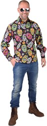 Heren Disco Blouse Seventies Mexican Skulls Zwart