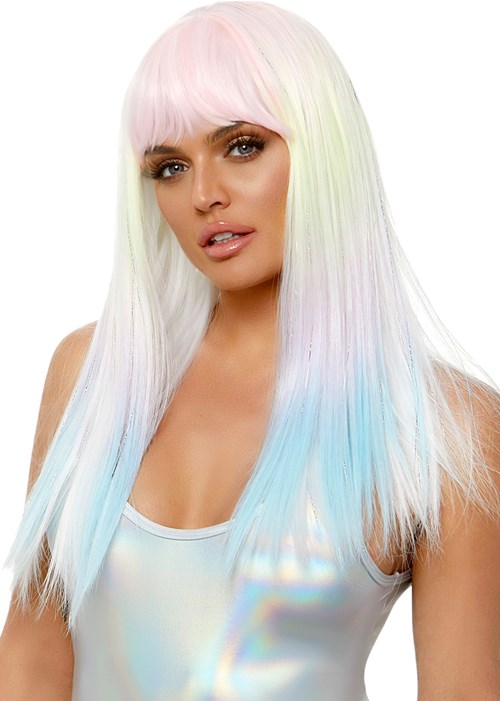 Ombre Pruik Rainbow Pastel met Tinsel (zijkant)