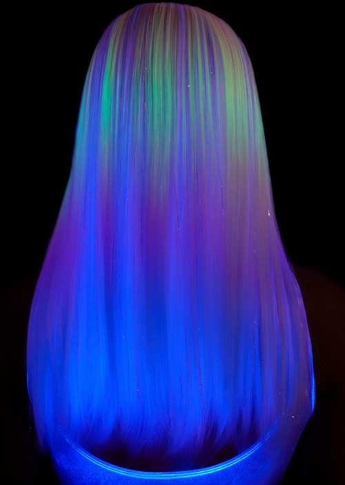 Ombre Pruik Rainbow Pastel met Tinsel (blacklight achterkant)