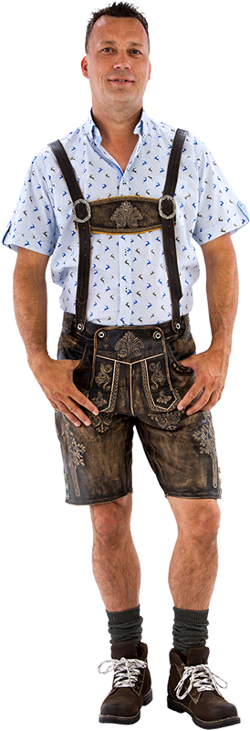 Heren Lederhose Kort Luxe Vintage Antiek Bruin (rundleer) (staand)