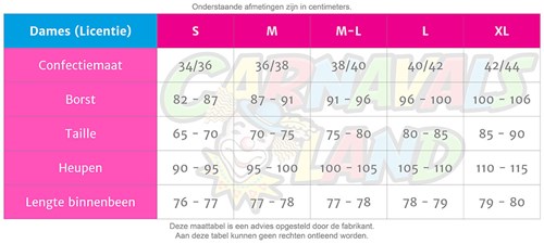 Maattabel Licente - Dames (9250)