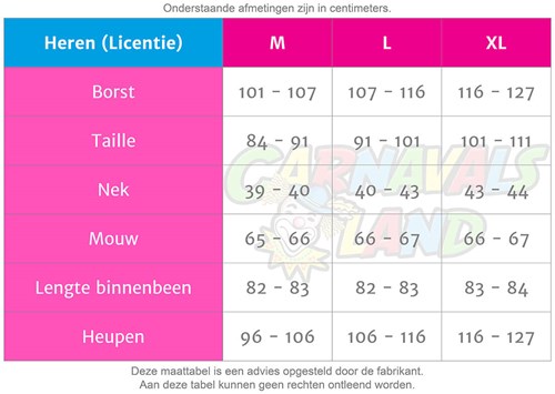 Maattabel Licente - Heren (9250)