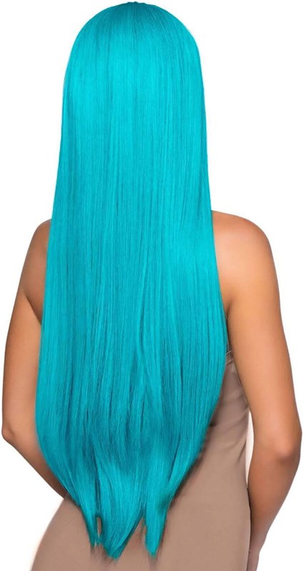 Pruik Lang Stijl Haar Turquoise Luxe (achterkant)