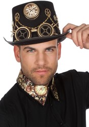 Hoed Steampunk Luxe met Gouden Bril en Klok