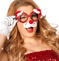 Glitter Kerst Bril Rood met Kerstmutsjes met neus