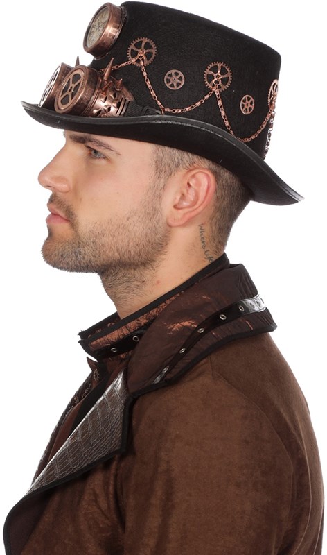 Hoed Steampunk Luxe met Bronzen Bril en Klok-2
