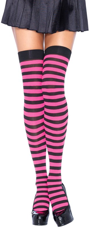 Sexy Overknee Zwart-Neon Pink Gestreept