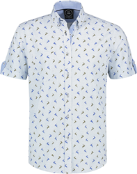 Trachtenhemd Blauw/Wit Korte Mouw met Hertjes (100% katoen)