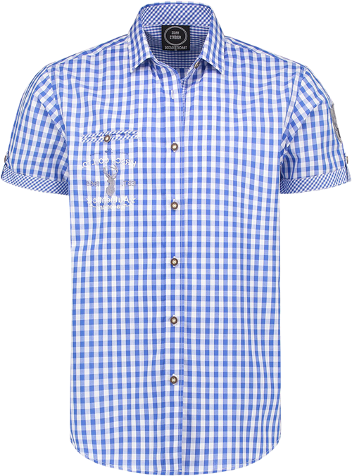 Trachtenhemd Blauw/Wit Korte Mouw (55% katoen)