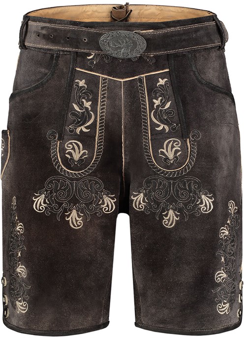 Heren Lederhose Kort Luxe Vintage Antraciet (rundleer) (voorkant zonder hengsels)