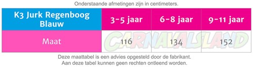 K3 Jurk Regenboog Blauw (maattabel)