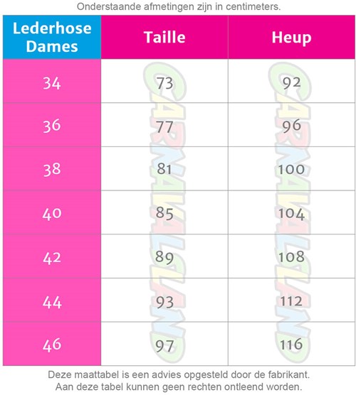 Maattabel Lederhoses voor Dames 2022 (200210)